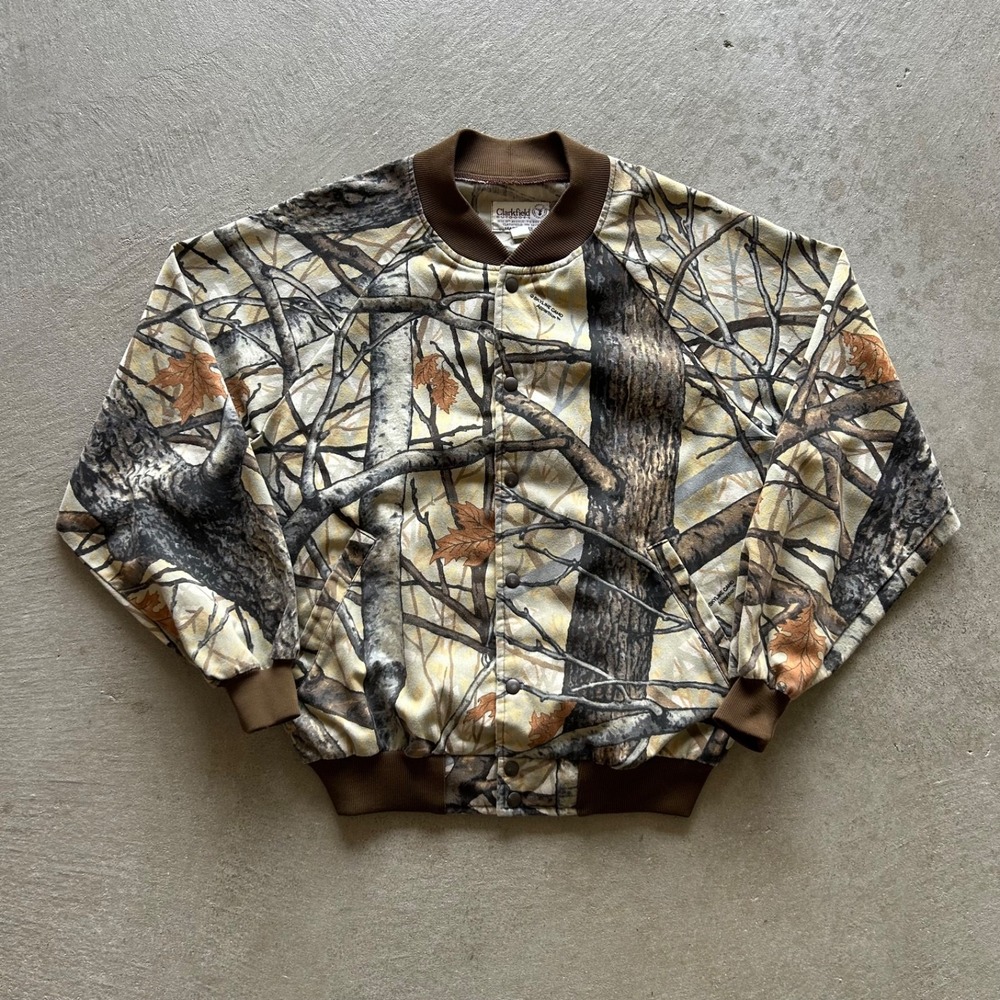 Vintage 90s Clarkfield Outdoors Camo Bomber Jacket Size Large Skyline Apparition